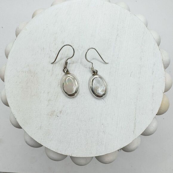 Vintage Mexican Sterling Silver Oval Mother Of Pearl Inlay Dangle Drop Earrings - Picture 14 of 14